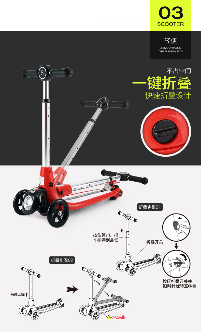 Children's scooter - foldable three-wheel scooter with anti slip and headlights