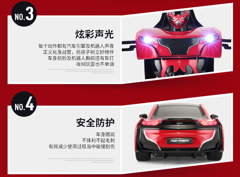 Transformable remote control car with sound, light effects and 360 degree rotation