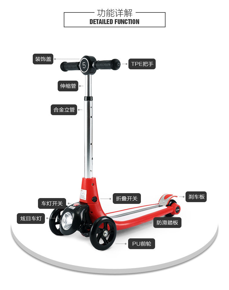 Children's scooter - foldable three-wheel scooter with anti slip and headlights